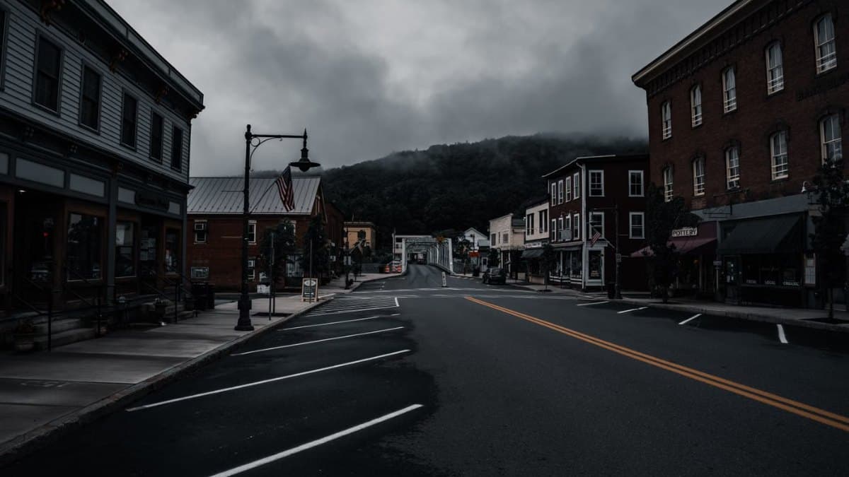 Quiet historic town main street with heritage buildings