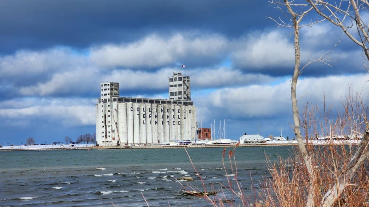 Waterfront terminal buildings on a Georgian Bay shoreline in winter