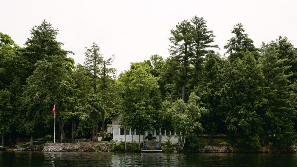 Serene waterfront cottage surrounded by forest on a calm lake