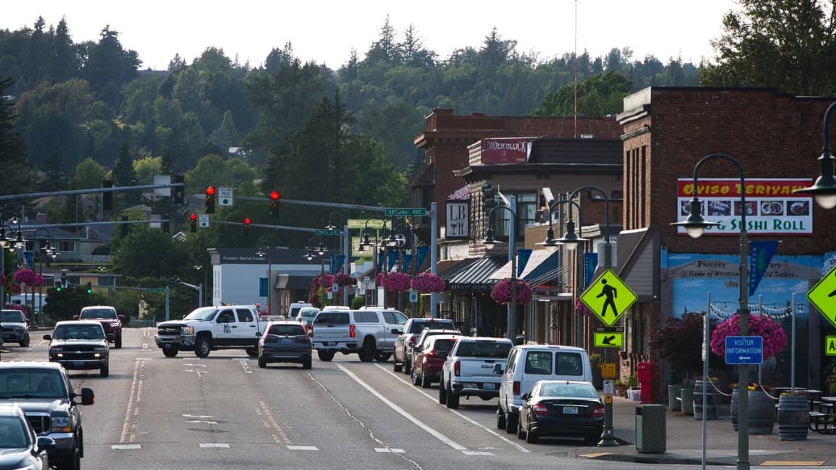 Busy urban street with shops, vehicles and pedestrians during the day