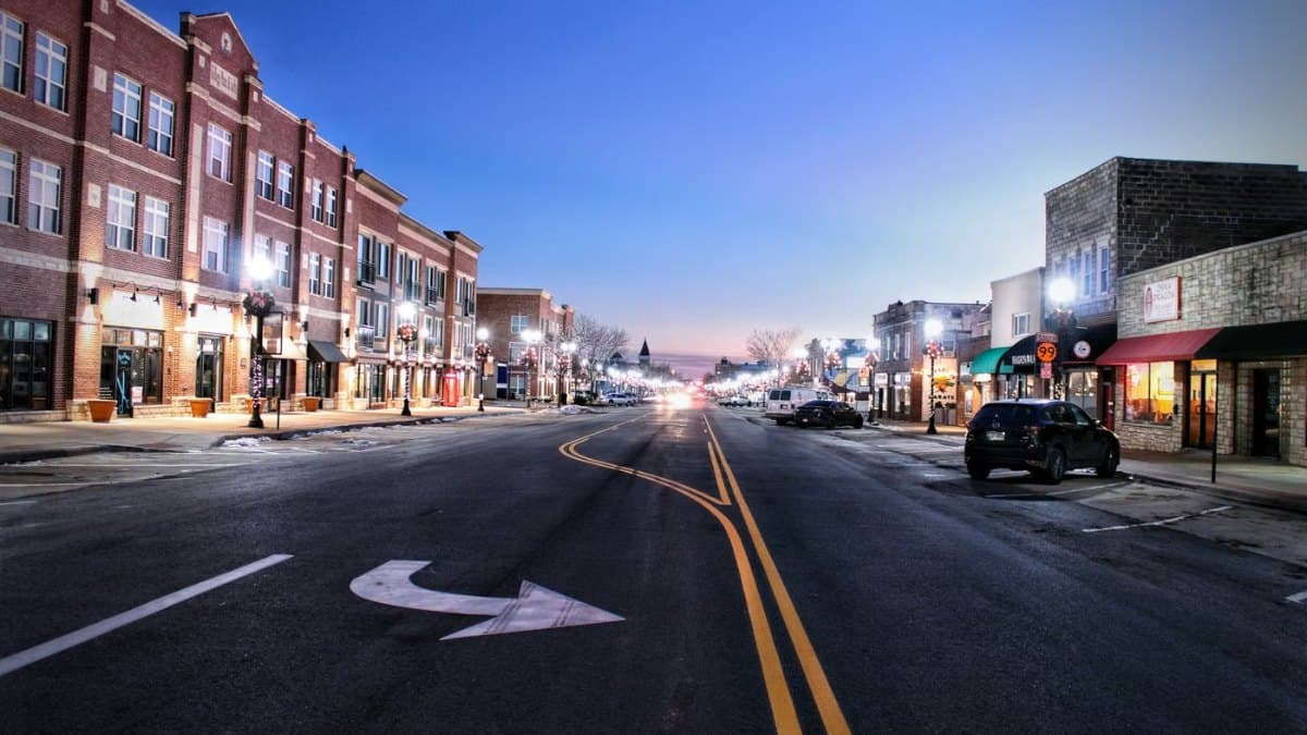 Twilight view of a heritage main street with historic storefronts