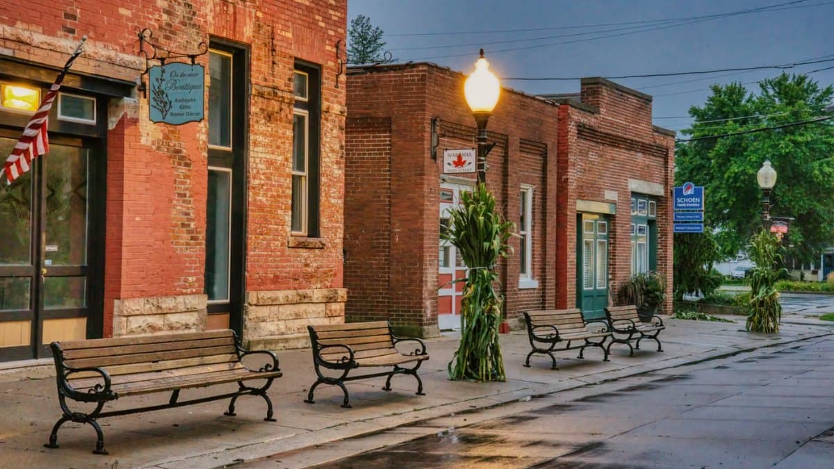 Quaint historic downtown street with heritage buildings and shopfronts