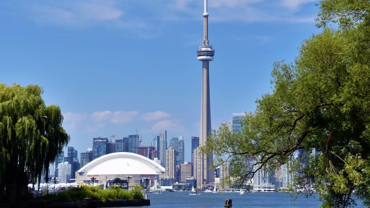 Toronto skyline with the CN Tower and Rogers Centre seen from the waterfront