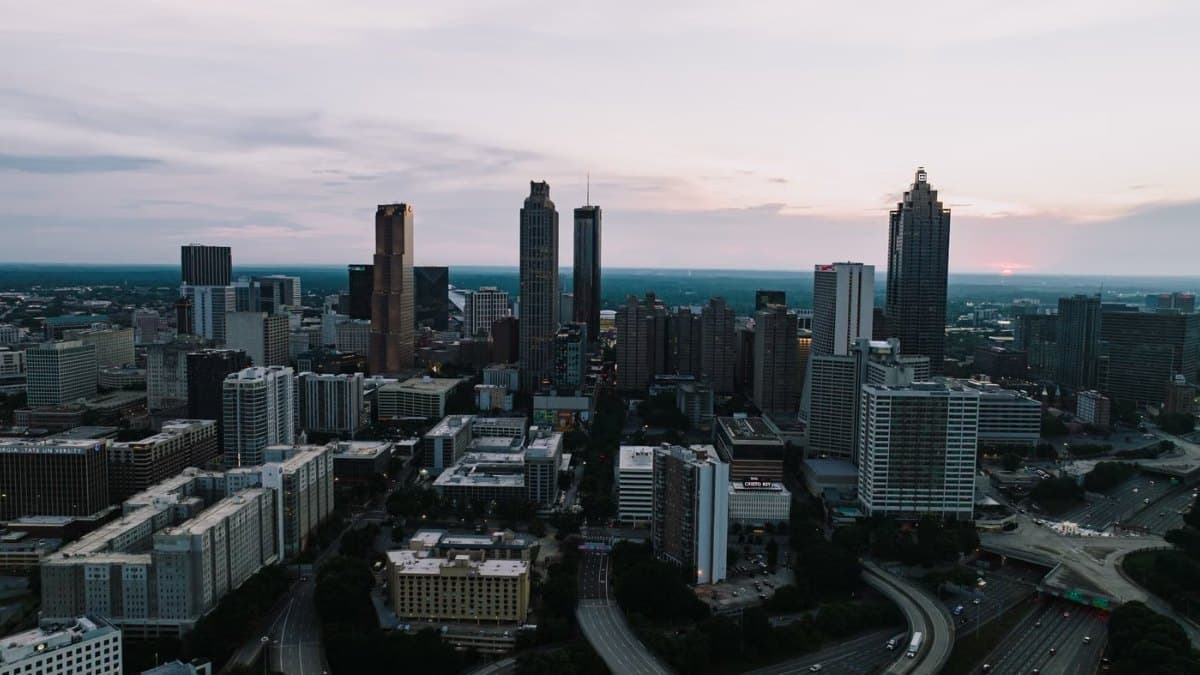 Aerial view of the Atlanta skyline at dusk
