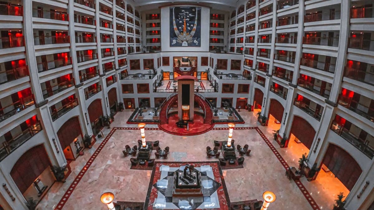 Symmetrical hotel lobby interior with elegant architecture in Toronto