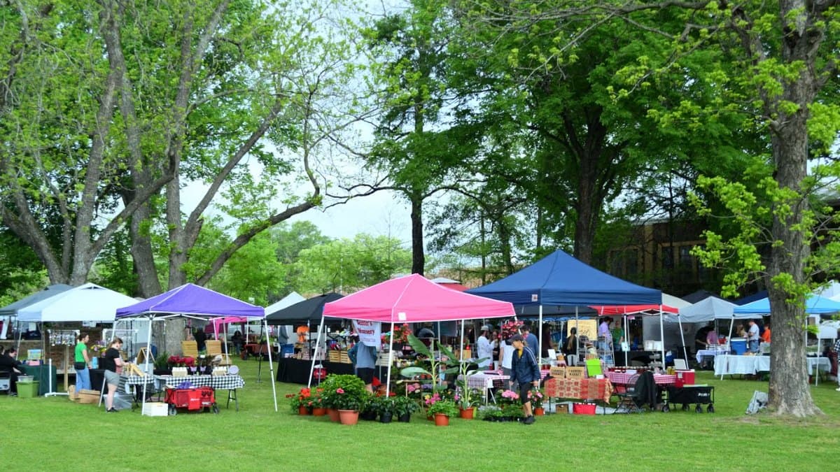 Bustling outdoor event with colourful tents and crowds