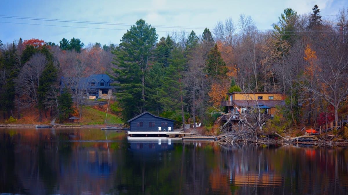 Autumn scenery beside a lake in Huntsville Ontario