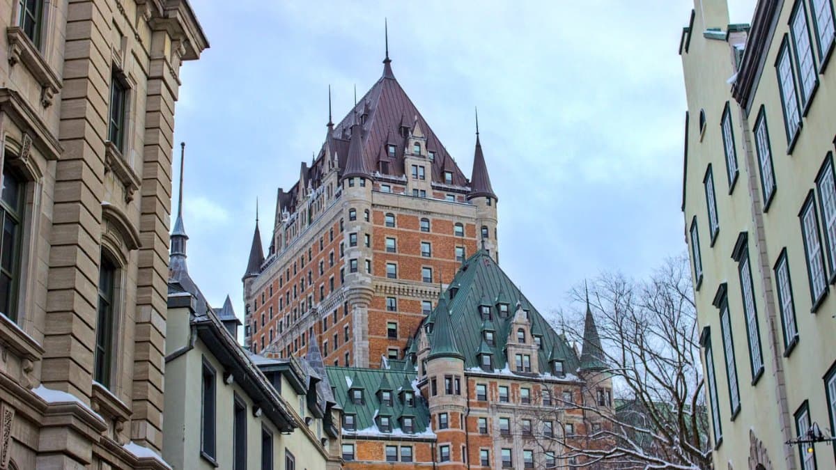 Chateau Frontenac surrounded by historic buildings in Quebec City