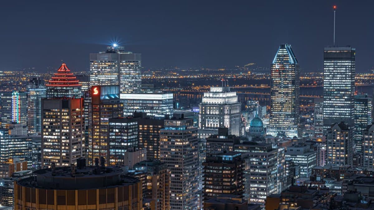 Aerial view of the Montreal skyline at night