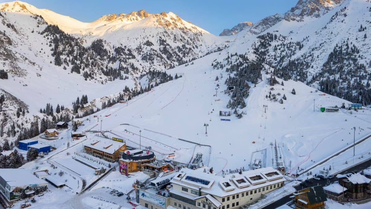 Aerial view of a winter resort with snowy surroundings