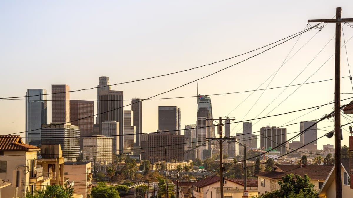 Downtown Los Angeles skyline under warm light