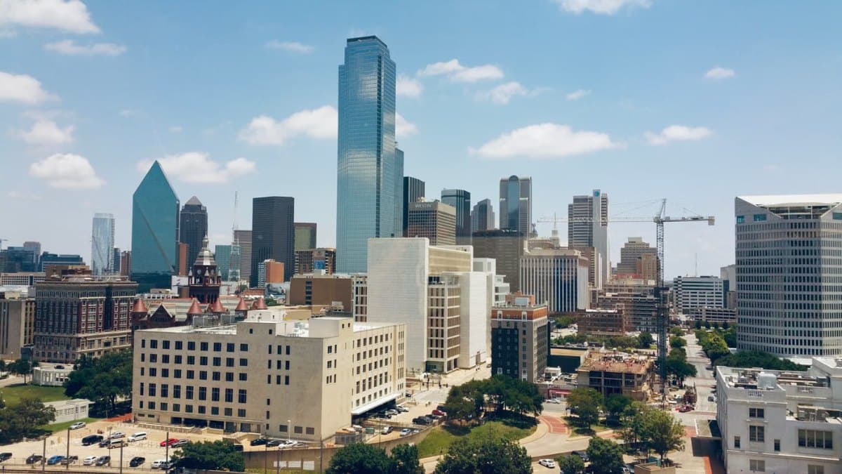 Aerial view of the Dallas skyline with modern skyscrapers