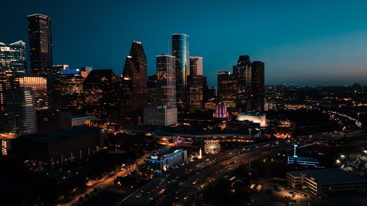 Aerial view of downtown Houston illuminated at night