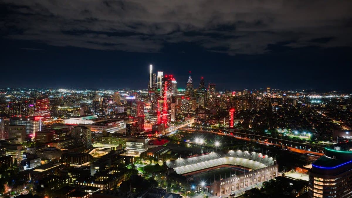 Aerial view of the illuminated Philadelphia skyline