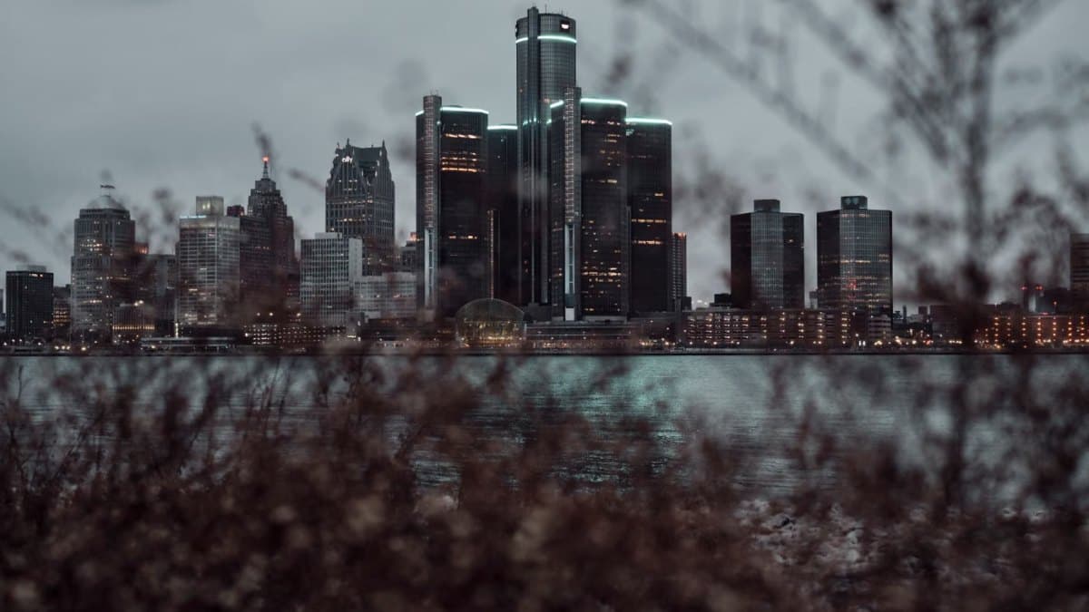 Detroit skyline seen across the water
